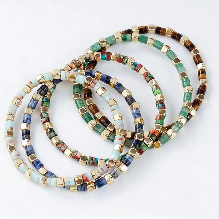 Buddha Stones Bracciale rinforzato con perle naturali a forma di barilotto in diaspro blu maculato e avventurina verde. - image 14