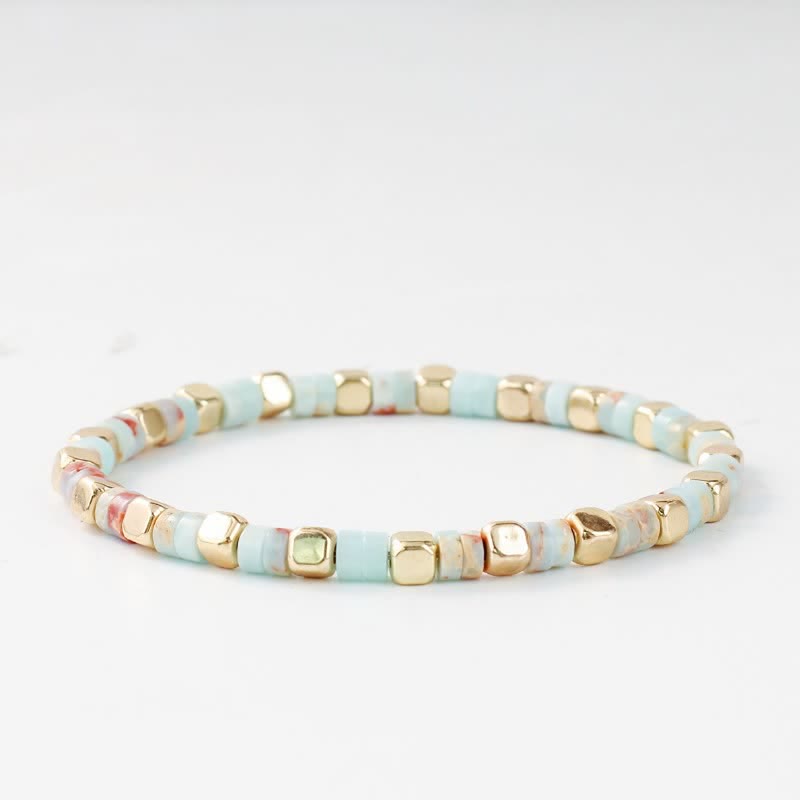 Buddha Stones Bracciale rinforzato con perle naturali a forma di barilotto in diaspro blu maculato e avventurina verde. - image 3
