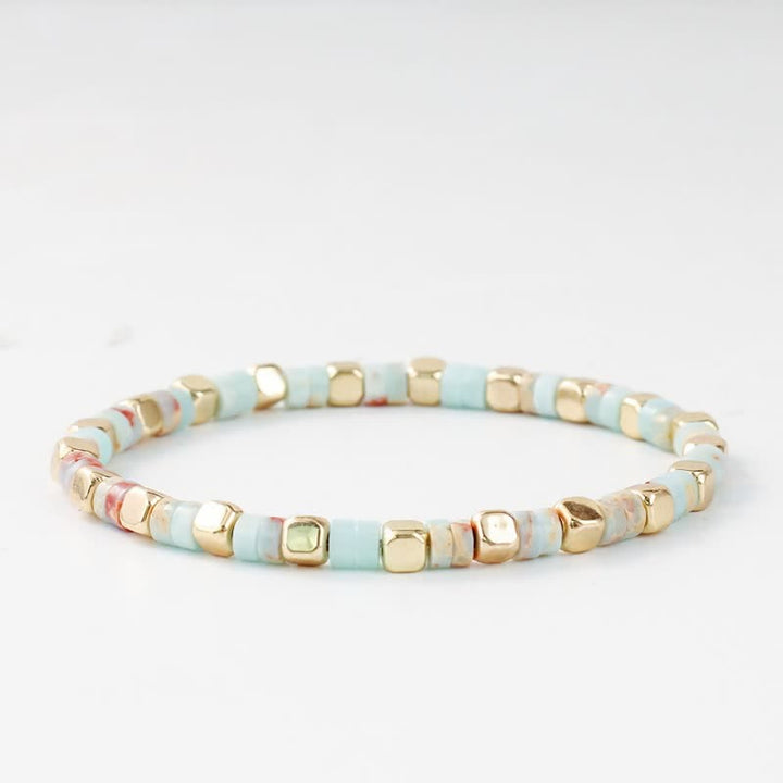 Buddha Stones Bracciale rinforzato con perle naturali a forma di barilotto in diaspro blu maculato e avventurina verde. - image 3