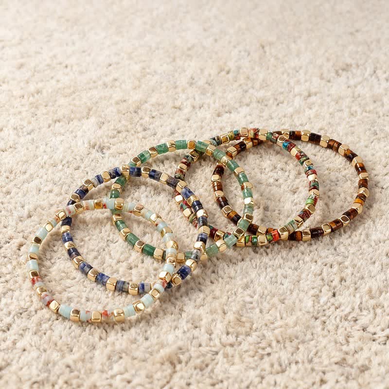 Buddha Stones Bracciale rinforzato con perle naturali a forma di barilotto in diaspro blu maculato e avventurina verde. - image 13