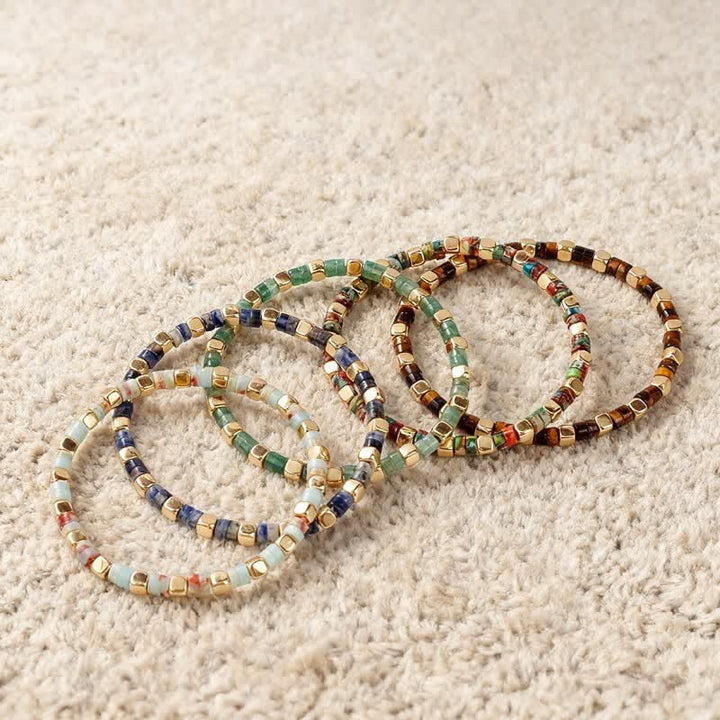 Buddha Stones Bracciale rinforzato con perle naturali a forma di barilotto in diaspro blu maculato e avventurina verde. - image 13
