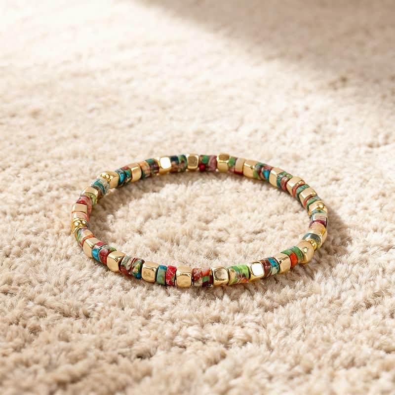 Buddha Stones Bracciale rinforzato con perle naturali a forma di barilotto in diaspro blu maculato e avventurina verde. - image 11