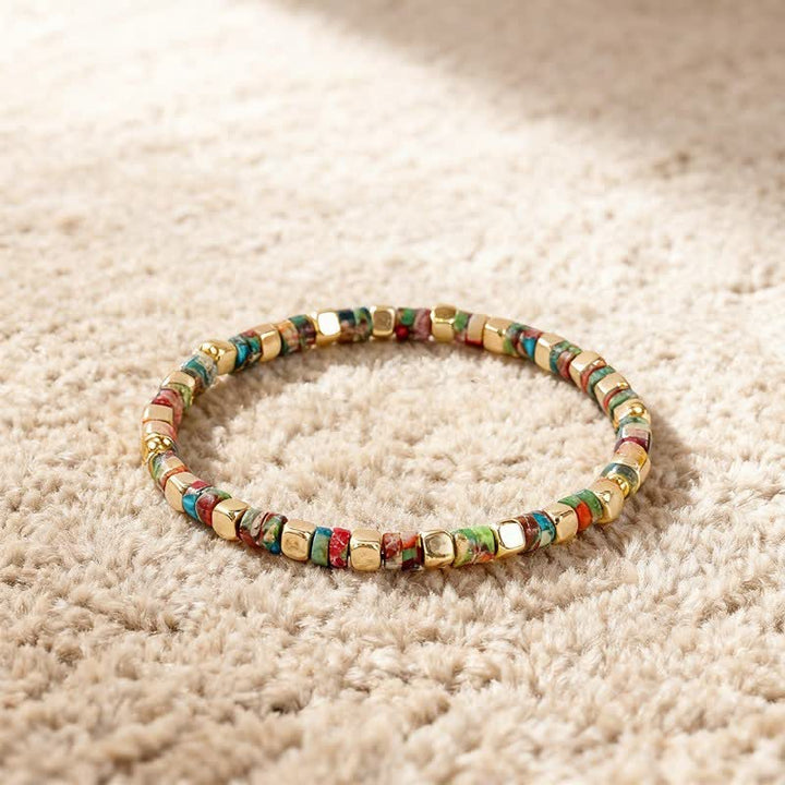 Buddha Stones Bracciale rinforzato con perle naturali a forma di barilotto in diaspro blu maculato e avventurina verde. - image 11