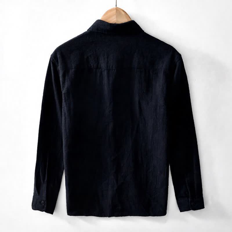 Buddha Stones Camicia da uomo a maniche lunghe in ramia tinta unita, stile vintage, con bottoni e toppe, ideale per l'autunno. - image 13
