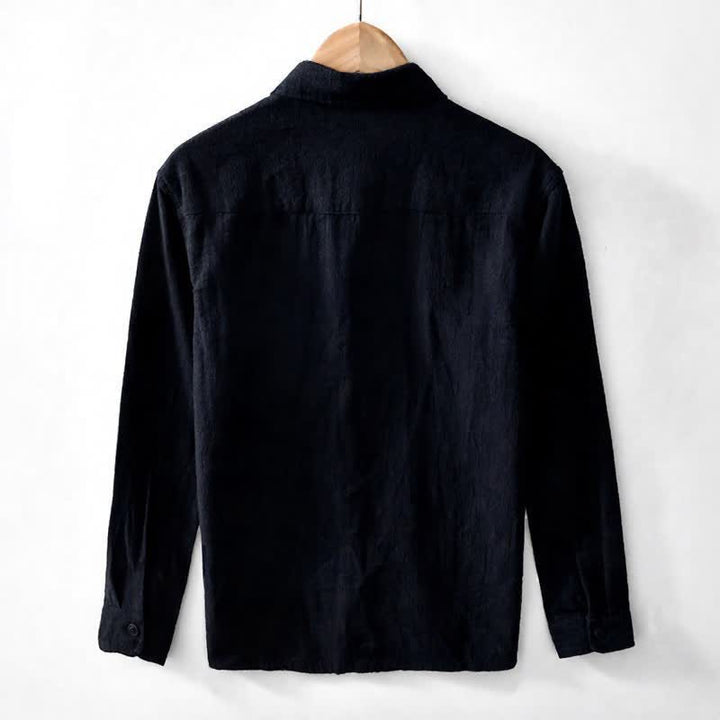 Buddha Stones Camicia da uomo a maniche lunghe in ramia tinta unita, stile vintage, con bottoni e toppe, ideale per l'autunno. - image 13