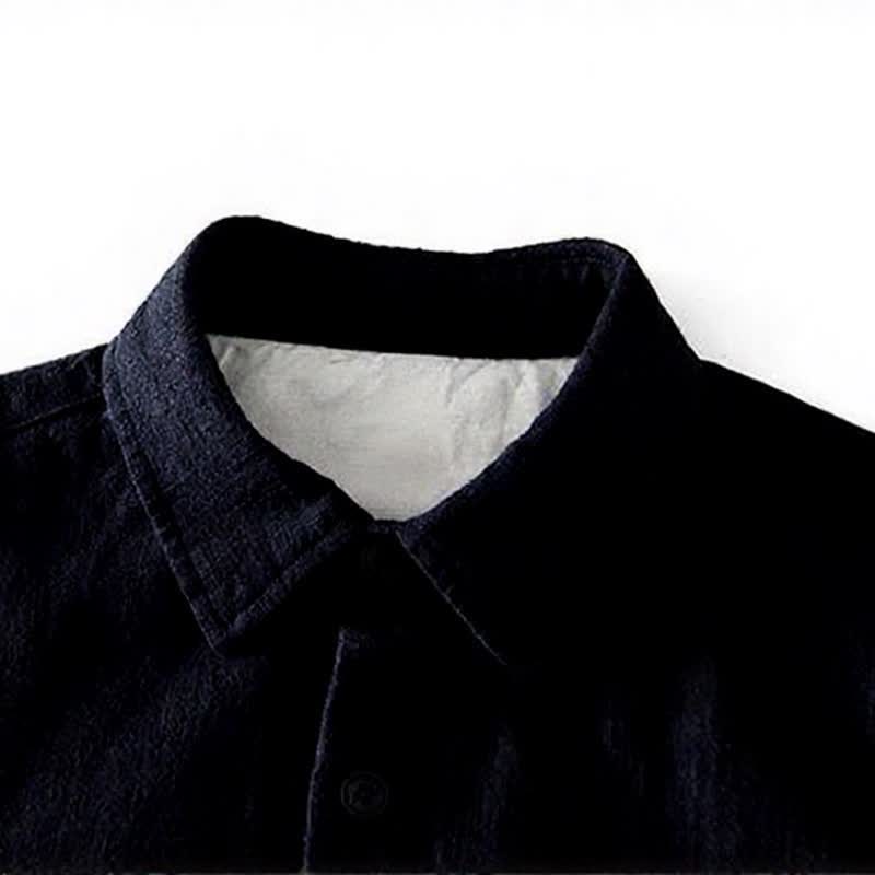 Buddha Stones Camicia da uomo a maniche lunghe in ramia tinta unita, stile vintage, con bottoni e toppe, ideale per l'autunno. - image 14