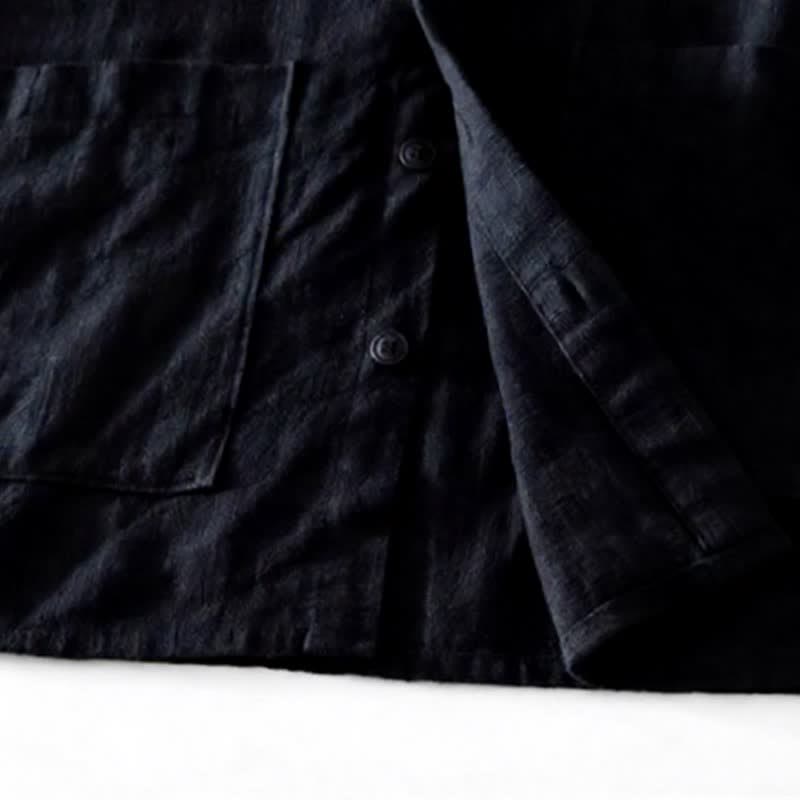 Buddha Stones Camicia da uomo a maniche lunghe in ramia tinta unita, stile vintage, con bottoni e toppe, ideale per l'autunno. - image 16