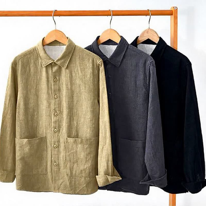 Buddha Stones Camicia da uomo a maniche lunghe in ramia tinta unita, stile vintage, con bottoni e toppe, ideale per l'autunno. - image 18