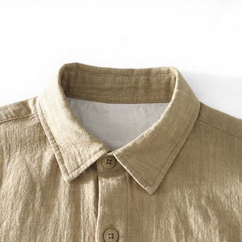 Buddha Stones Camicia da uomo a maniche lunghe in ramia tinta unita, stile vintage, con bottoni e toppe, ideale per l'autunno. - image 2