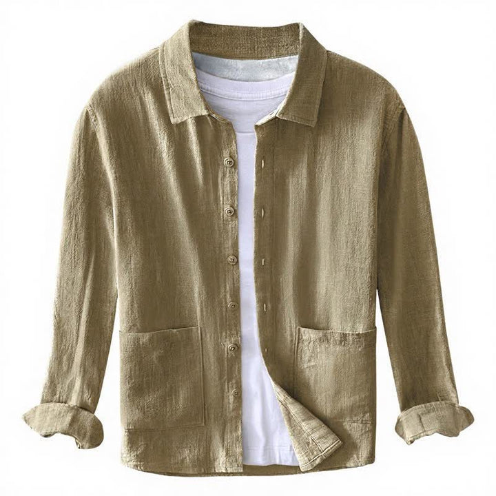 Buddha Stones Camicia da uomo a maniche lunghe in ramia tinta unita, stile vintage, con bottoni e toppe, ideale per l'autunno. - image 1