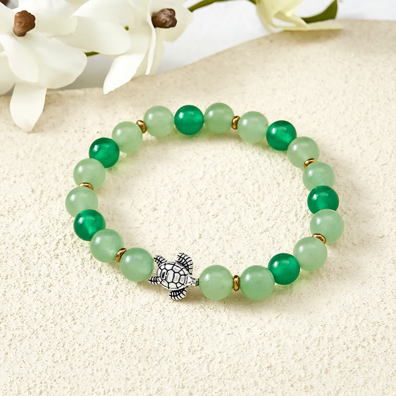 Buddha Stones Braccialetto con perline a forma di tartaruga, in agata verde naturale e avventurina verde, con design a agata verde. - Avventurina verde e agata verde (Circonferenza del polso: 15-16 cm) - image 0