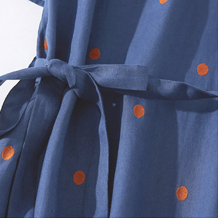Abito midi da donna a maniche corte con lacci e tasche, fantasia a pois e motivo Buddha Stones. - image 1