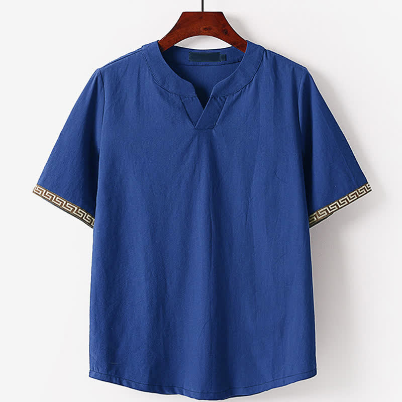 Buddha Stones T-shirt da uomo estiva a maniche corte con scollo a V e ricami, in cotone e lino. - SteelBlue - US/UK/AU56，EU66(9XL) - image 0