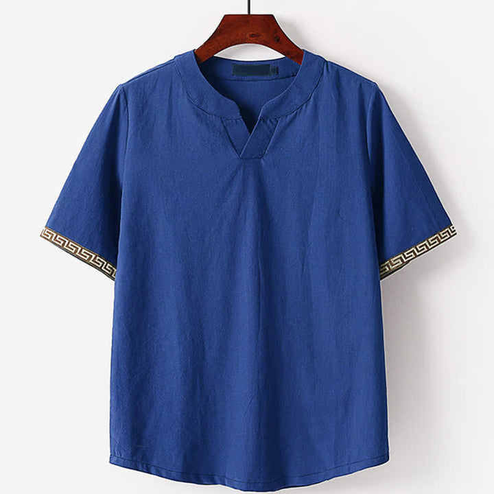 Buddha Stones T-shirt da uomo estiva a maniche corte con scollo a V e ricami, in cotone e lino. - SteelBlue - US/UK/AU56，EU66(9XL) - image 0