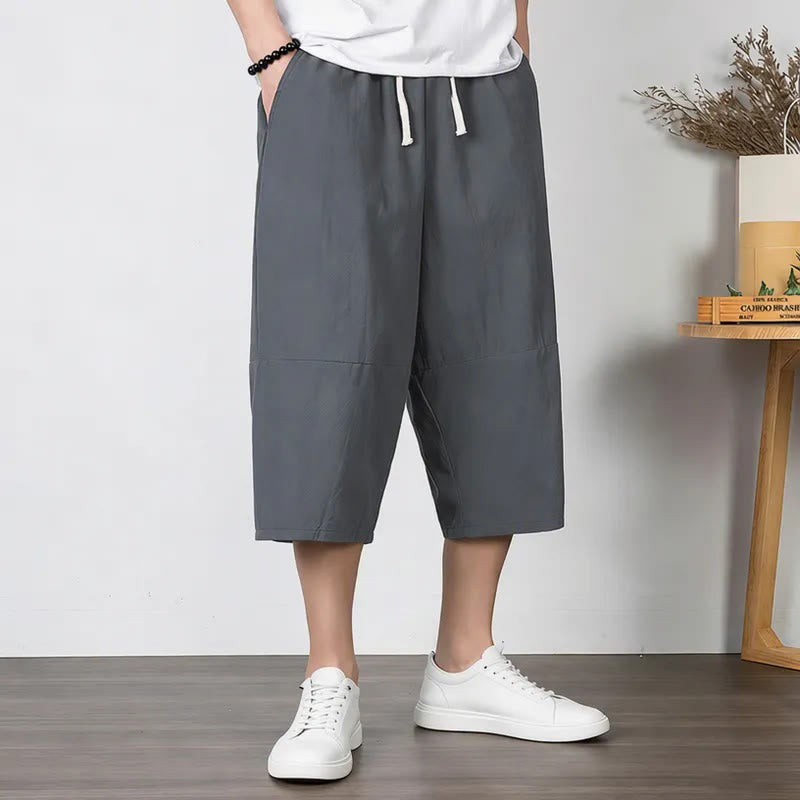 Buddha Stones Pantaloni harem da uomo in cotone e lino, lunghezza capri, con coulisse e tasche. - image 1