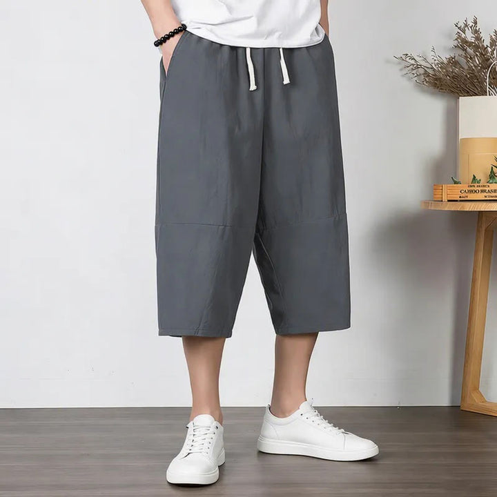 Buddha Stones Pantaloni harem da uomo in cotone e lino, lunghezza capri, con coulisse e tasche. - image 1