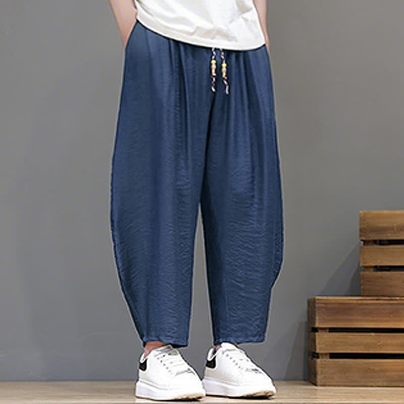 Buddha Stones Pantaloni corti estivi casual minimalisti con coulisse, modello harem da uomo con tasca - image 1