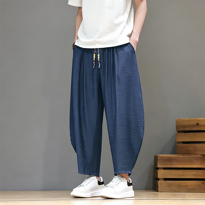 Buddha Stones Pantaloni corti estivi casual minimalisti con coulisse, modello harem da uomo con tasca - Marina - US/UK/AU46, EU56 (5XL) - image 0
