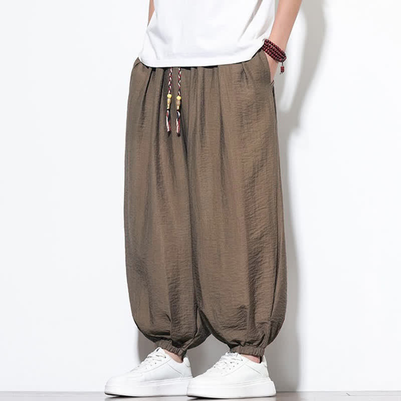 Buddha Stones Pantaloni corti estivi casual boho con coulisse, pantaloni harem da uomo a tinta unita con tasca - image 24