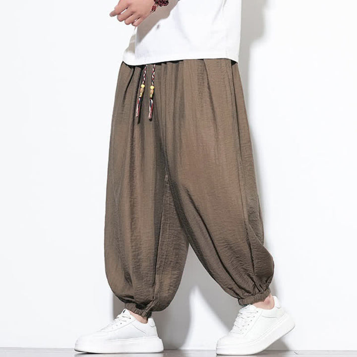 Buddha Stones Pantaloni corti estivi casual boho con coulisse, pantaloni harem da uomo a tinta unita con tasca - image 20