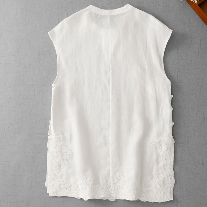 Buddha Stones Gilet da donna senza maniche in cotone con colletto alla coreana e inserti in pizzo a forma di rana cinese. - image 9