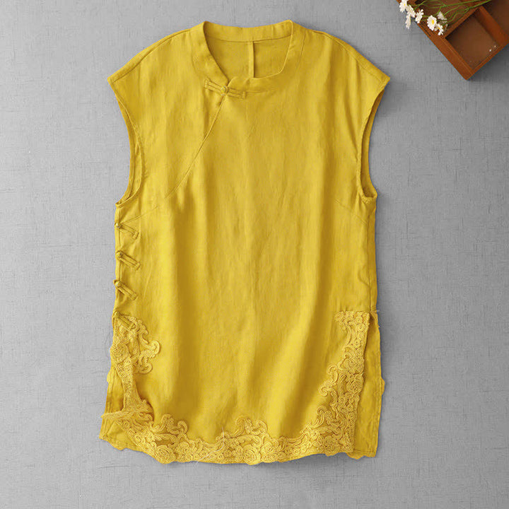 Buddha Stones Gilet da donna senza maniche in cotone con colletto alla coreana e inserti in pizzo a forma di rana cinese. - Oro - US12, UK/AU16, EU44 (2XL) - image 0