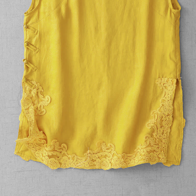 Buddha Stones Gilet da donna senza maniche in cotone con colletto alla coreana e inserti in pizzo a forma di rana cinese. - image 2