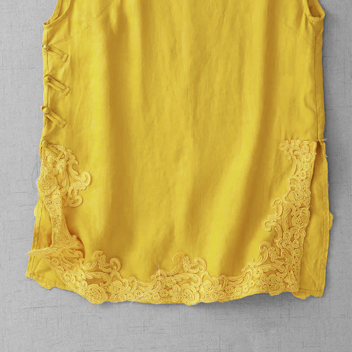 Buddha Stones Gilet da donna senza maniche in cotone con colletto alla coreana e inserti in pizzo a forma di rana cinese. - image 2