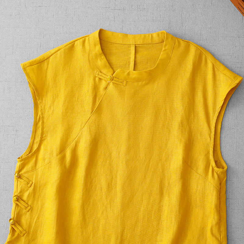 Buddha Stones Gilet da donna senza maniche in cotone con colletto alla coreana e inserti in pizzo a forma di rana cinese. - image 1