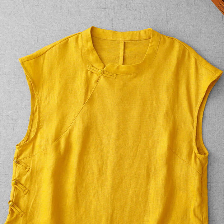 Buddha Stones Gilet da donna senza maniche in cotone con colletto alla coreana e inserti in pizzo a forma di rana cinese. - image 1