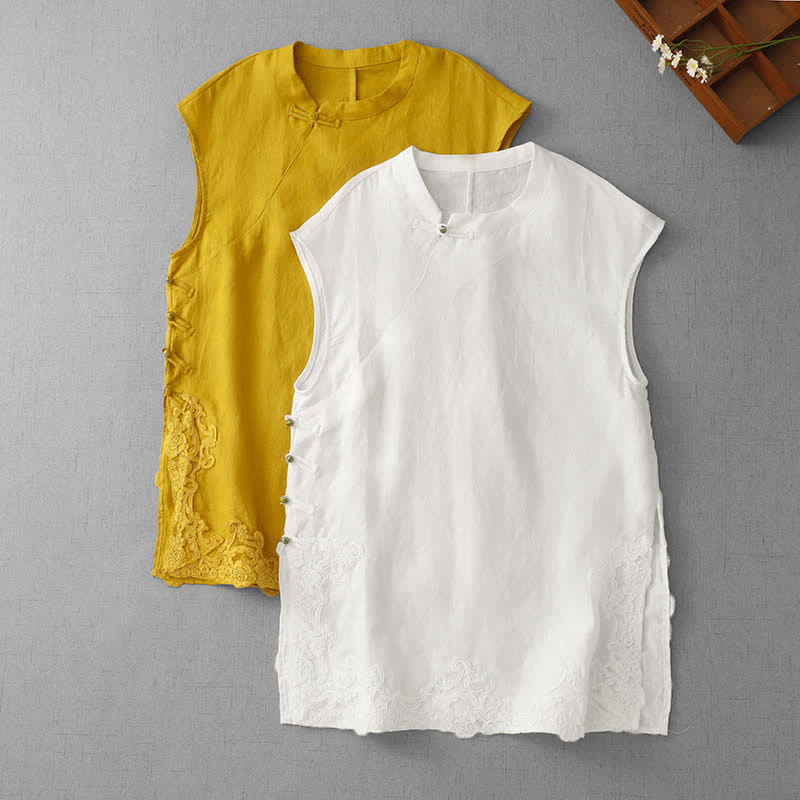 Buddha Stones Gilet da donna senza maniche in cotone con colletto alla coreana e inserti in pizzo a forma di rana cinese. - image 19