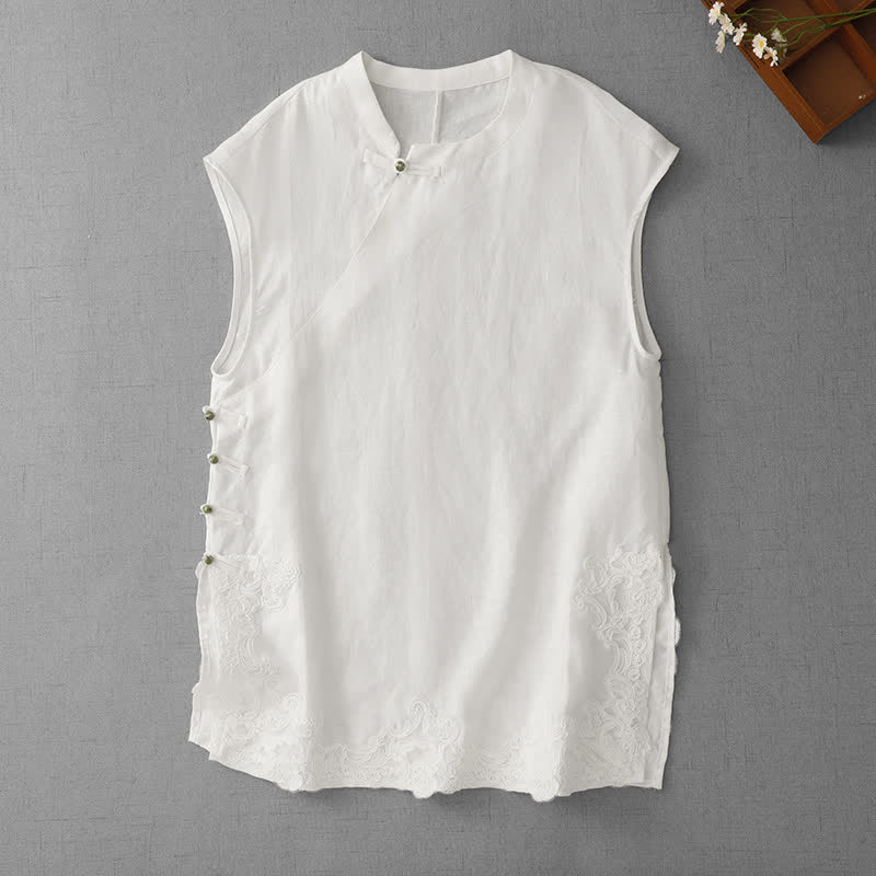 Buddha Stones Gilet da donna senza maniche in cotone con colletto alla coreana e inserti in pizzo a forma di rana cinese. - Bianco - US12, UK/AU16, EU44 (2XL) - image 8