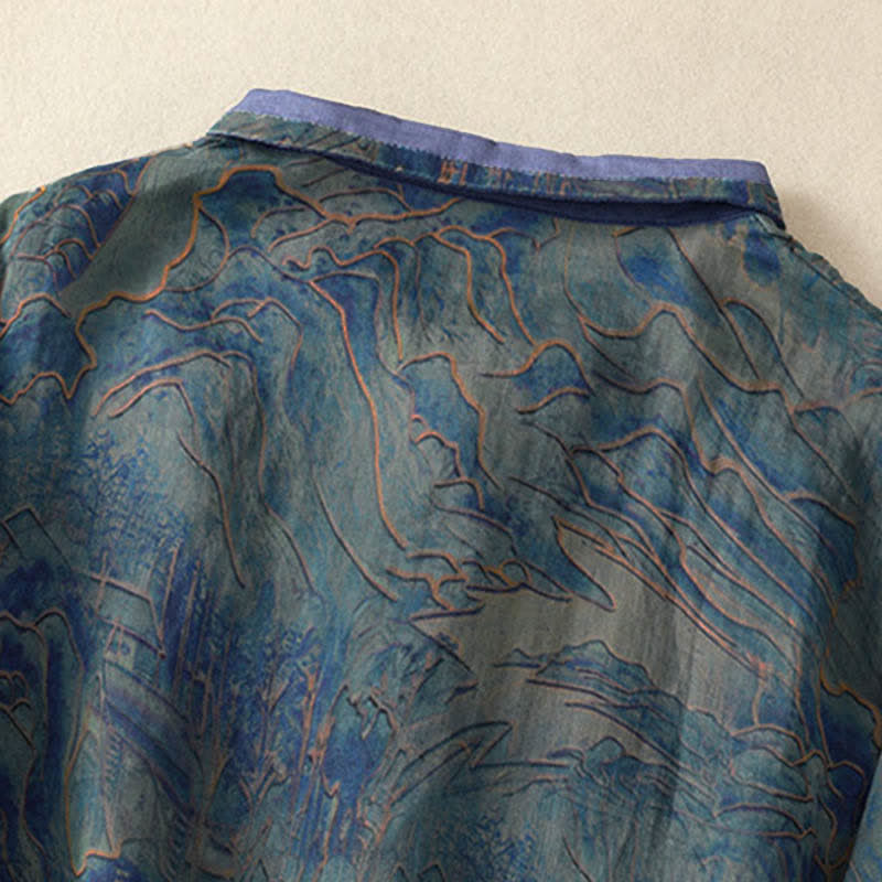 Buddha Stones Camicia da donna estiva in chiffon con stampa floreale, abbottonatura frontale, colletto alla coreana e maniche a tre quarti. - image 3