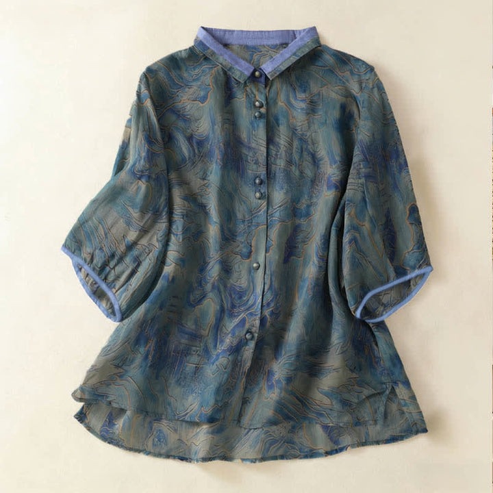 Buddha Stones Camicia da donna estiva in chiffon con stampa floreale, abbottonatura frontale, colletto alla coreana e maniche a tre quarti. - Cadetto Blu - US8-10, UK/AU12-14, EU40-42 (2XL) - image 0