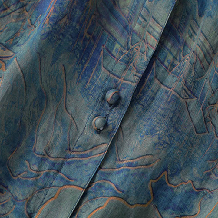 Buddha Stones Camicia da donna estiva in chiffon con stampa floreale, abbottonatura frontale, colletto alla coreana e maniche a tre quarti. - image 5