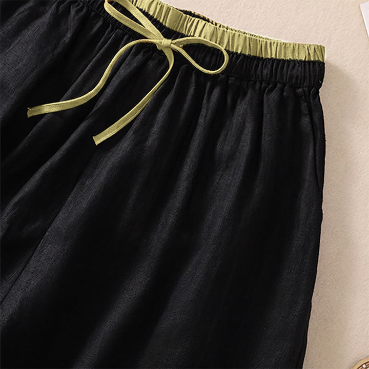 Pantaloncini da donna in cotone e lino con lacci e tasche, tinta unita, a contrasto, in vita, con Buddha Stones - image 10