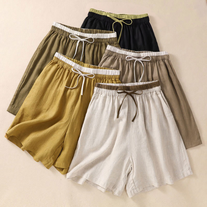 Pantaloncini da donna in cotone e lino con lacci e tasche, tinta unita, a contrasto, in vita, con Buddha Stones - image 0