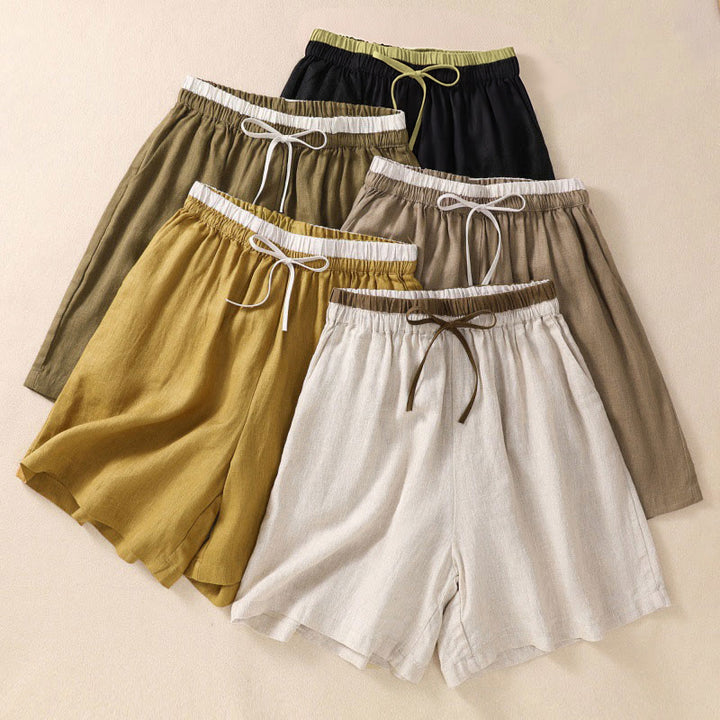 Pantaloncini da donna in cotone e lino con lacci e tasche, tinta unita, a contrasto, in vita, con Buddha Stones - image 0