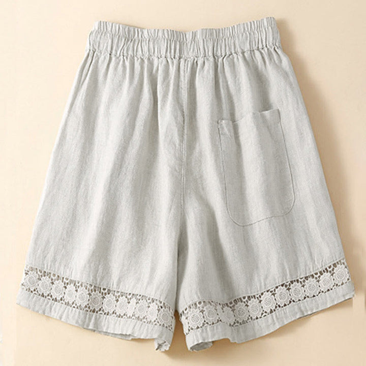 Pantaloncini da donna in cotone con lacci e tasche, modello Buddha Stones, tinta unita, con fondo in pizzo cavo - image 1