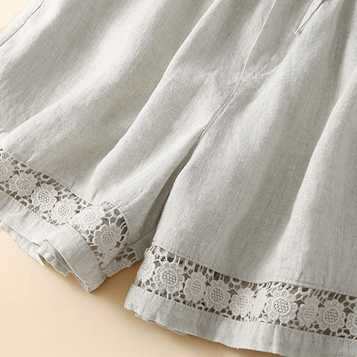 Pantaloncini da donna in cotone con lacci e tasche, modello Buddha Stones, tinta unita, con fondo in pizzo cavo - image 7