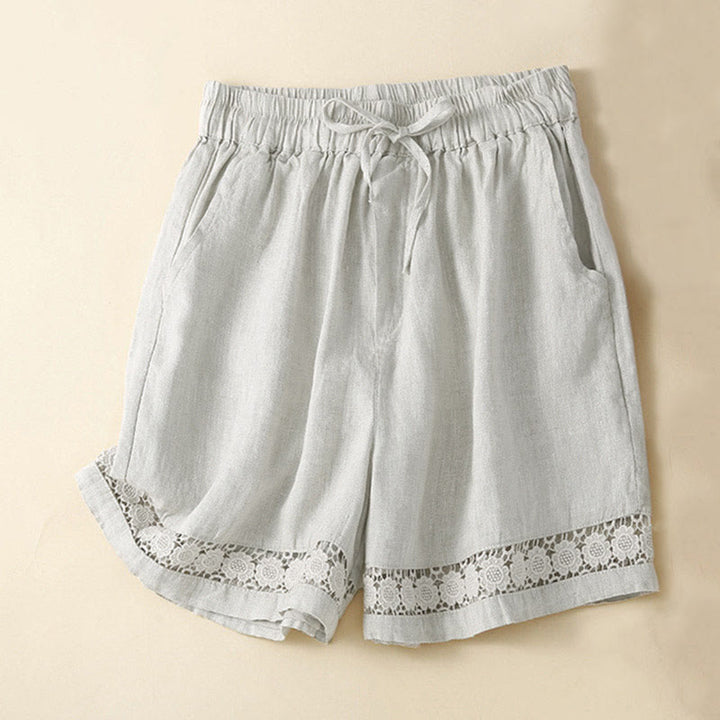 Pantaloncini da donna in cotone con lacci e tasche, modello Buddha Stones, tinta unita, con fondo in pizzo cavo - Beige - US12, UK/AU16, EU44 (3XL) - image 0