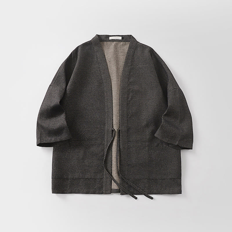 Buddha Stones Kimono da uomo autunnale, casual, minimalista, con coulisse, in cotone e lino tinta unita e tasche. - image 3
