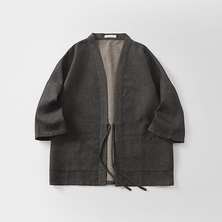 Buddha Stones Kimono da uomo autunnale, casual, minimalista, con coulisse, in cotone e lino tinta unita e tasche. - image 3
