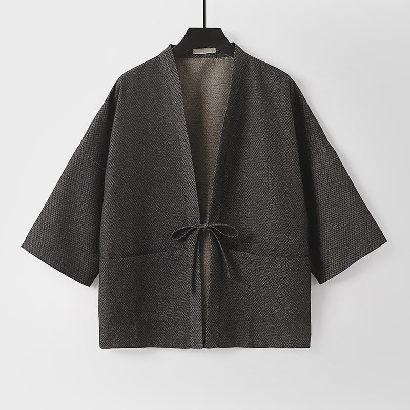 Buddha Stones Kimono da uomo autunnale, casual, minimalista, con coulisse, in cotone e lino tinta unita e tasche. - image 1