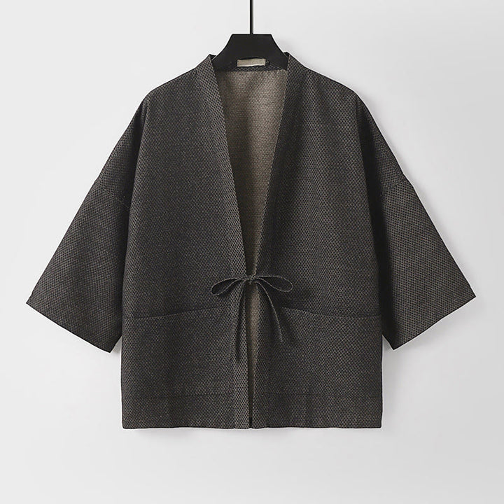 Buddha Stones Kimono da uomo autunnale, casual, minimalista, con coulisse, in cotone e lino tinta unita e tasche. - image 1