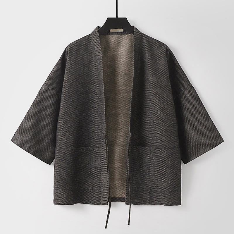 Buddha Stones Kimono da uomo autunnale, casual, minimalista, con coulisse, in cotone e lino tinta unita e tasche. - Grigio tenue - US/UK/AU54, EU64 (9XL) - image 0