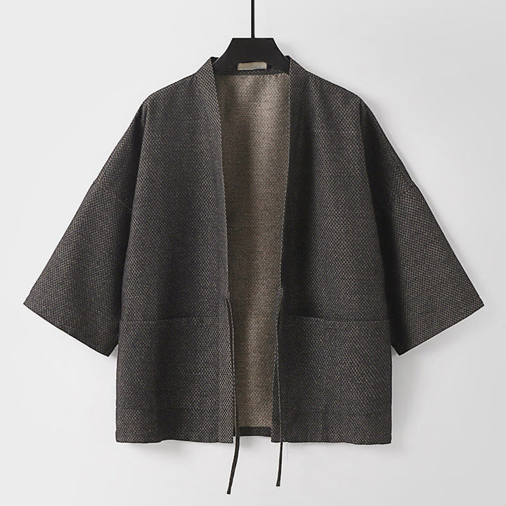 Buddha Stones Kimono da uomo autunnale, casual, minimalista, con coulisse, in cotone e lino tinta unita e tasche. - Grigio tenue - US/UK/AU54, EU64 (9XL) - image 0