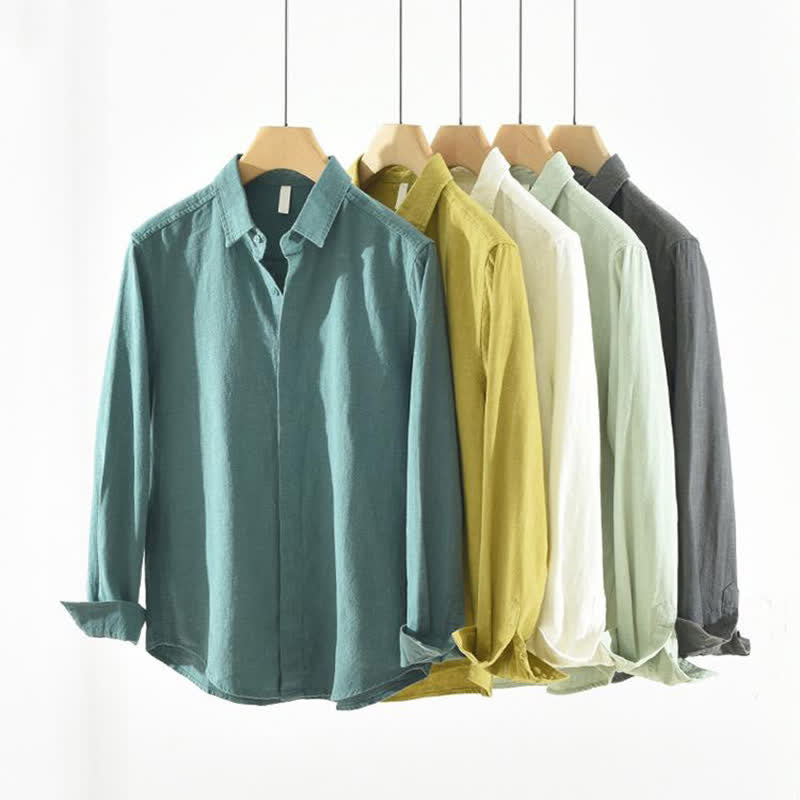 Buddha Stones Camicia da uomo a maniche lunghe in ramia tinta unita, casual, minimalista, con bottoni, ideale per primavera e autunno. - image 14