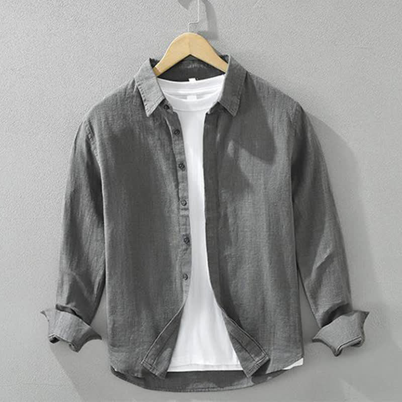 Buddha Stones Camicia da uomo a maniche lunghe in ramia tinta unita, casual, minimalista, con bottoni, ideale per primavera e autunno. - Grigio tenue - US/UK/AU42, EU52 (3XL) - image 0