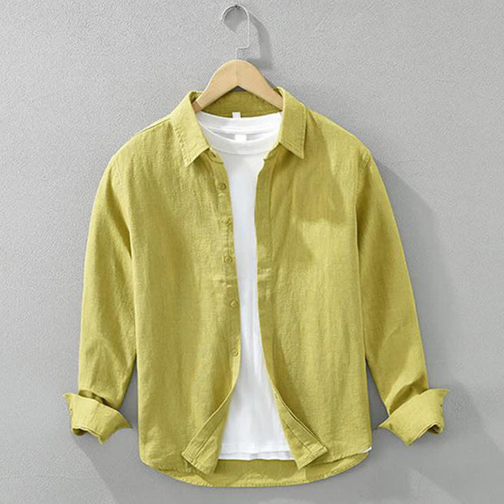 Buddha Stones Camicia da uomo a maniche lunghe in ramia tinta unita, casual, minimalista, con bottoni, ideale per primavera e autunno. - Cachi - US/UK/AU42, EU52 (3XL) - image 12